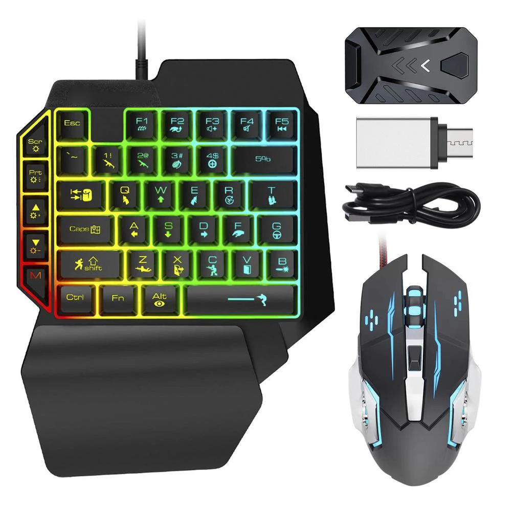 Gaming Keyboard And Mouse Combo RGB Backlit One-Handed Keypad Mice with Converter Adapter Set for PS4 PS5 Xbox Nintendo Switch