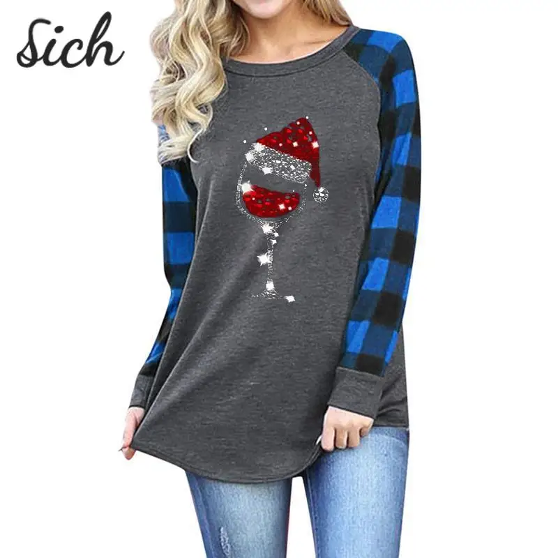 

Модная Рождественская Толстовка в клетку с принтом Санта-Клауса, Женский Повседневный пуловер в стиле ретро, толстовка с круглым вырезом и ...