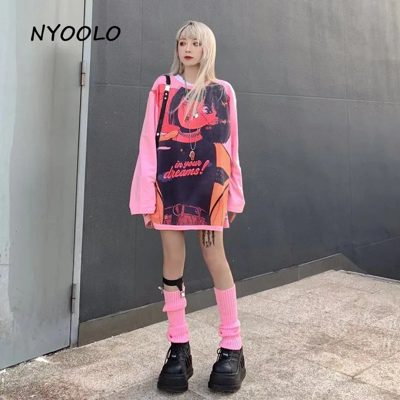 NYOOLO японский Harajuku Винтаж мультфильм аниме девушка печати футболка осень уличная свободная футболка с длинными рукавами для женщин и мужчин Топ