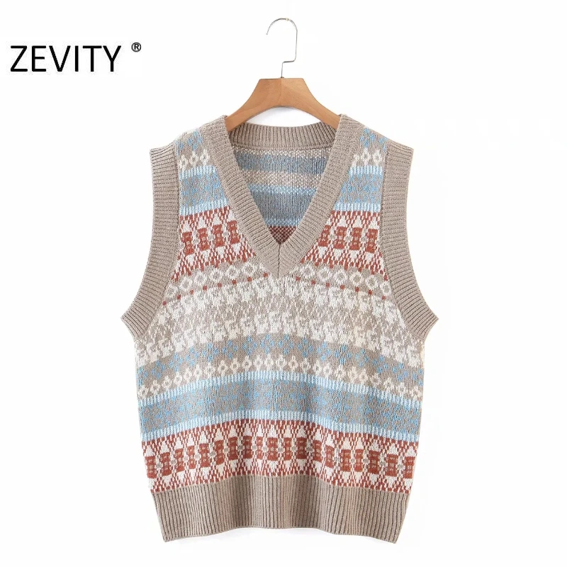 

Zevity Women Preppy Style V Neck Patchwork Plaid Print Knitting Sweater Lady Retro Waistcoat Pullover Chic Vest Jumper Tops S467
