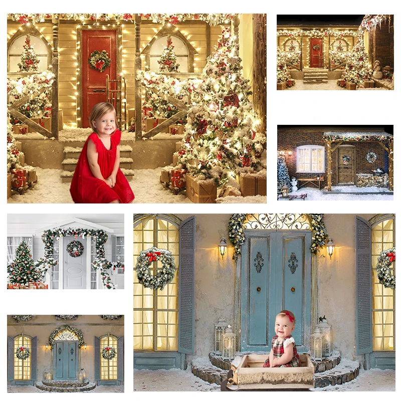 

Winter Christmas Photography Backdrop for Photo Studio Rustic Wood Door Christmas Tree Snow Wreath Xmas Party Portrait Photocall
