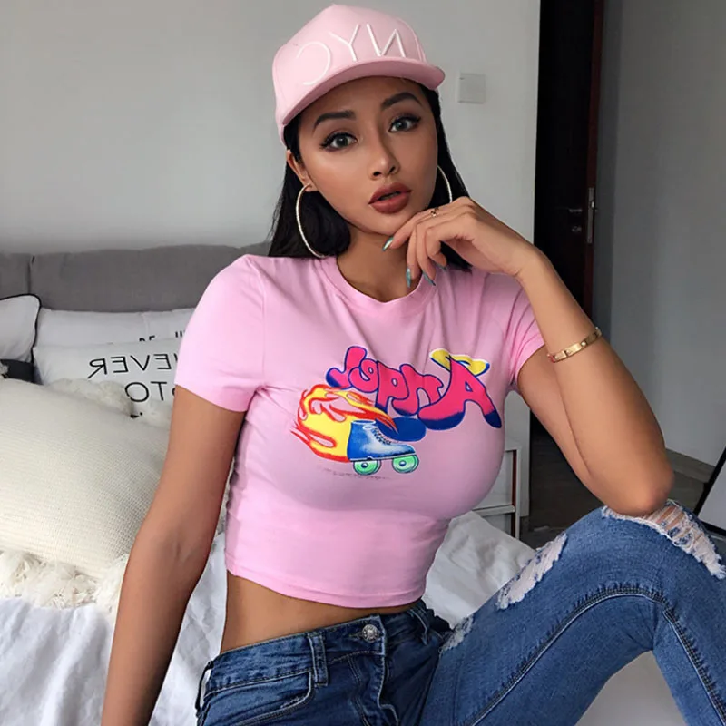 

2021 Summer New Fresh Sweet Slim Top Round Neck Cartoon Short-Sleeved T-shirt Slim Short Clothes