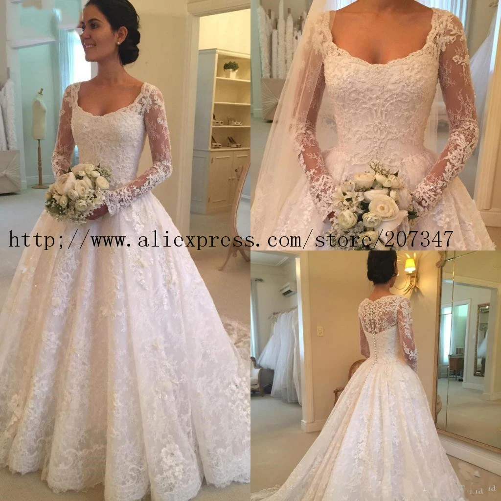 

Latest Sale scoop Neck Ball Gown Full-Length Long Sleeve Lace Wedding Dresses Button Back Appliques Beaded Bridal Wedding Gowns