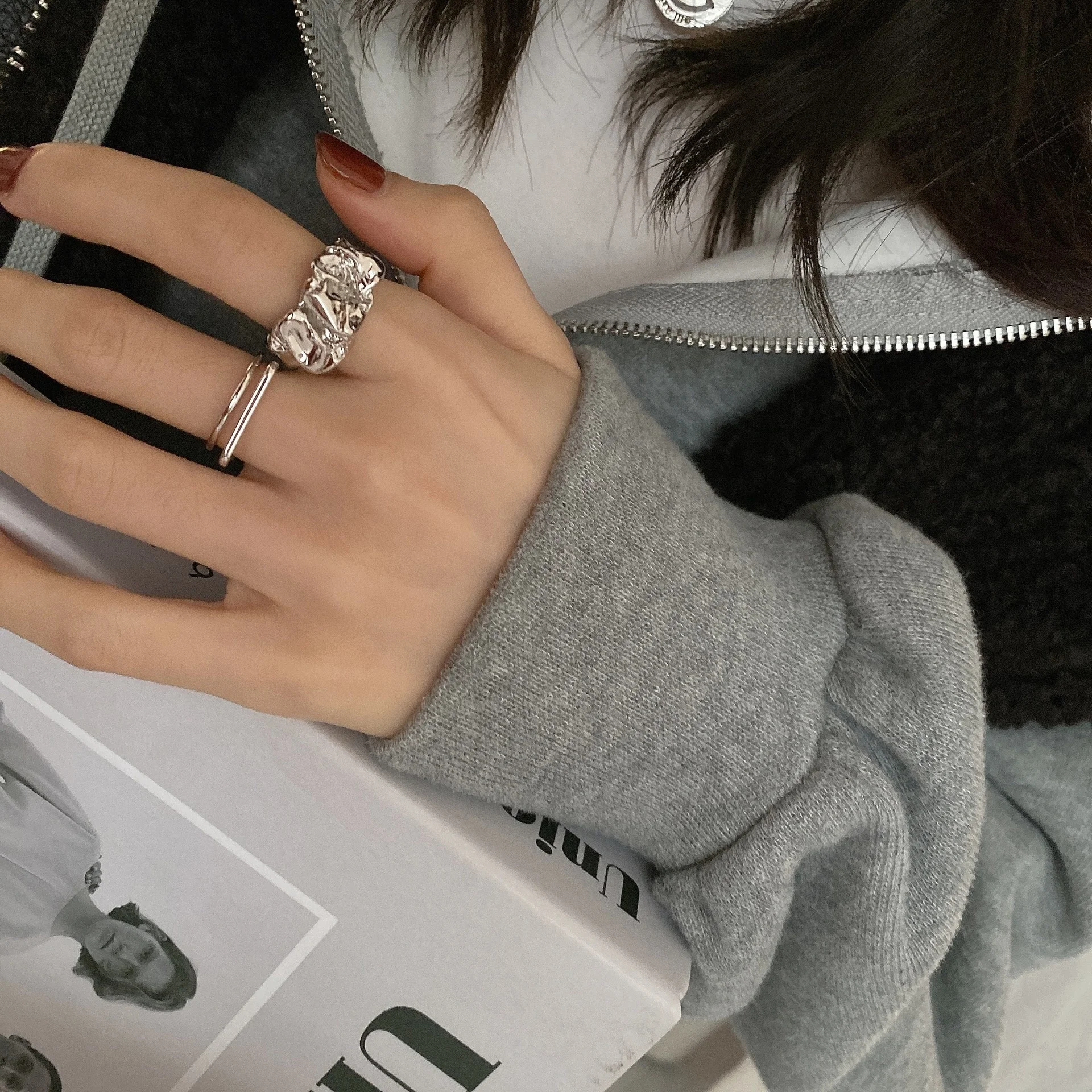 

Silver index pleated finger opening ring women's fashion personality