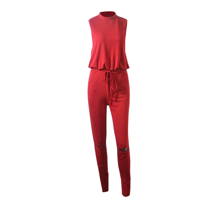 

Kalenmos 2020 Jumpsuit Women's Sleeveless Drawstring Hollow Sexy Jumpsuit Solid Color Round Neck Slim Peach Hip Bodysuit Women