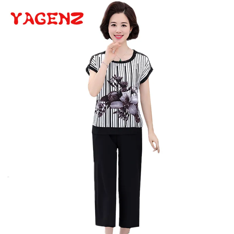 

YAGENZ летняя одежда для женщин комплект из двух предметов с коротким рукавом с цветочным принтом шифоновый топ и брюки размера плюс комплект ...