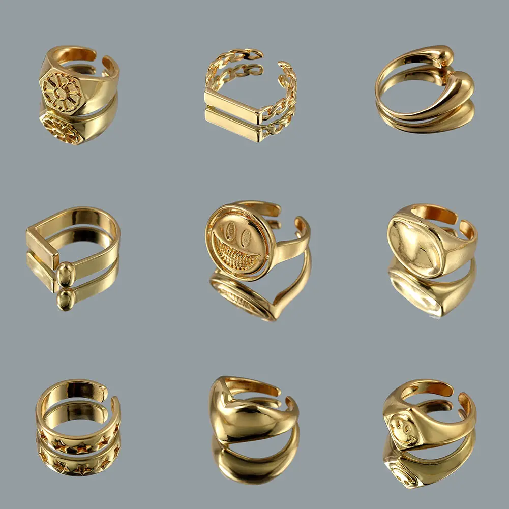 

JUST FEEL High Quality Simple Metal Brass Open Rings for Women Geometric Gold Color Cute Smiley Heart Twisted Chain Ring Jewelry