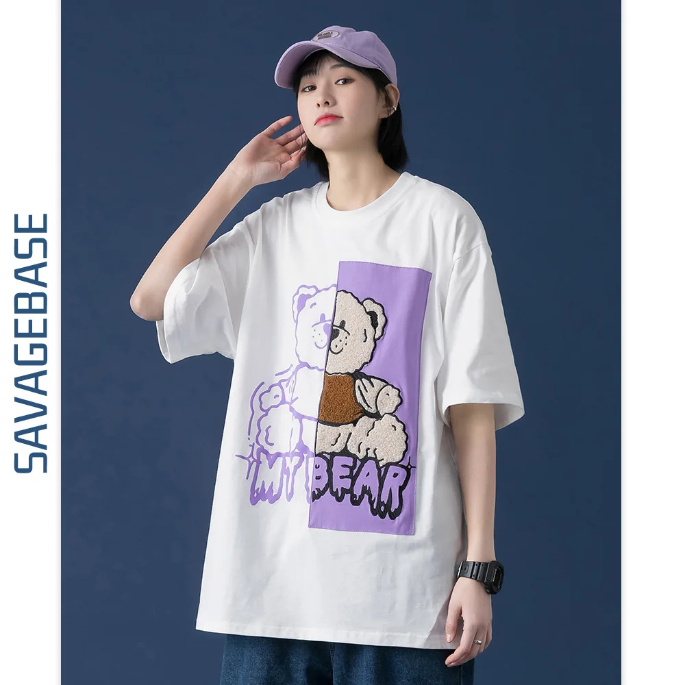 

Kawaii fashion girl preppy color matching bear embroidered cartoon loose couple short sleeved Harajuku street student T-shirt