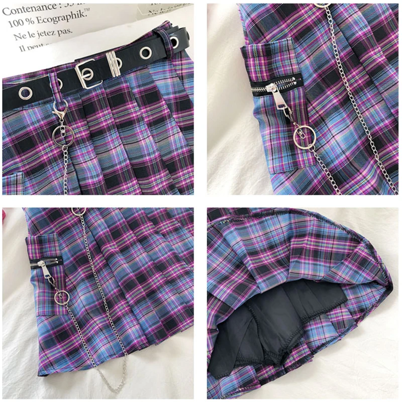 

Harajuku Plaid Skirt Women 2020 New y2k High Waist Mini Tennis Skirts Uniform Chain Pocket A-line Streetwear Vintage Free Belt