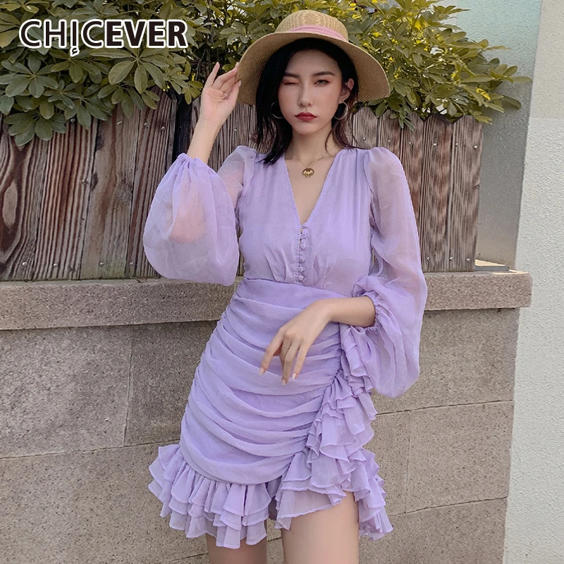 

CHICEVER Purple Dress For Women V Neck Lantern Long Sleeve Patchwork Ruffles Ruched Elegant Mini Dresses Female 2021 Clothes New