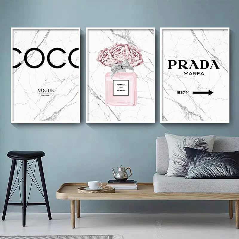 

Fashion Pink Poster Perfume Bottle Canvas Art Prints Peony Flower Wall Painting For Girl Room Decor Marbling Art Pictures Print
