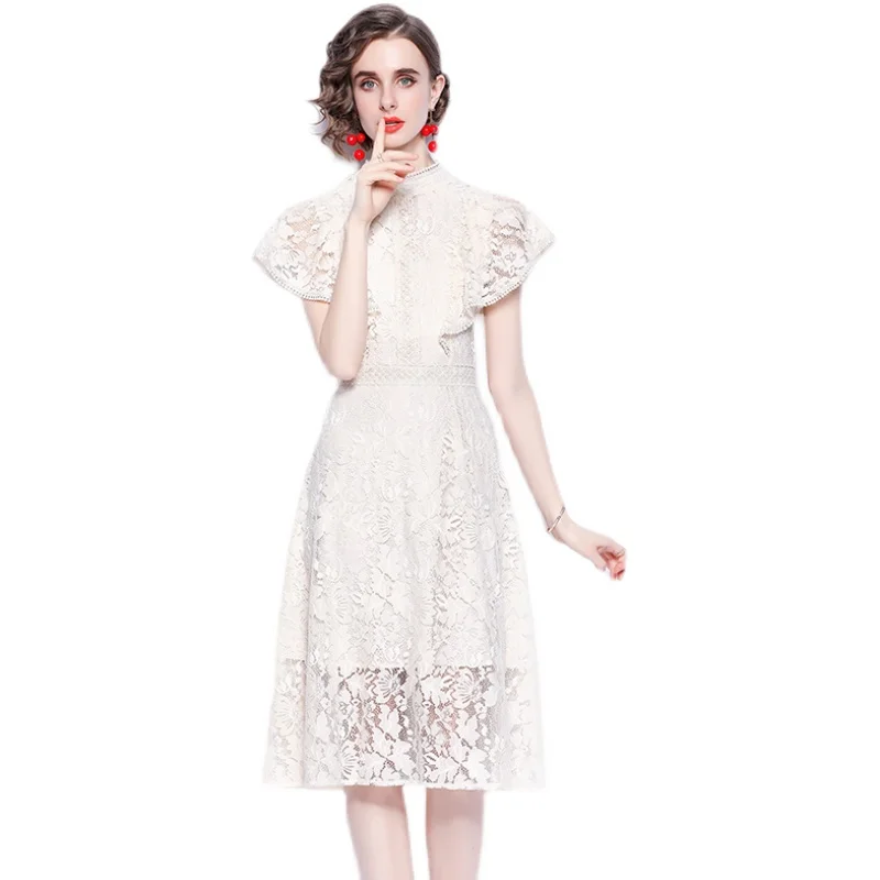 

Women Summer Designer Elegant Lace Dress Sexy Ruffles Wedding Cocktail Party Robe Female Apricot Vintage A-Line Dress Vestidos