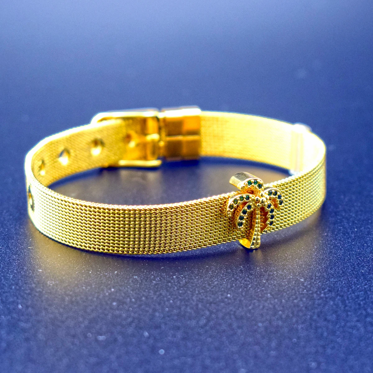 

Stainless Steel Mesh Bracelet Bangle Gold Color Cubic Zirconia Coconut and Life Tree Bracelets for Women Adjustable Band Jewelry
