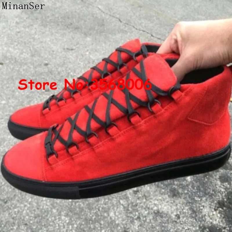 High Top Wrinkled Leather Black Red White Gray Blue Tie Up Sneakers Outdoor Leisure Fashion Arena Trainers Flats Shoes Mens | Обувь