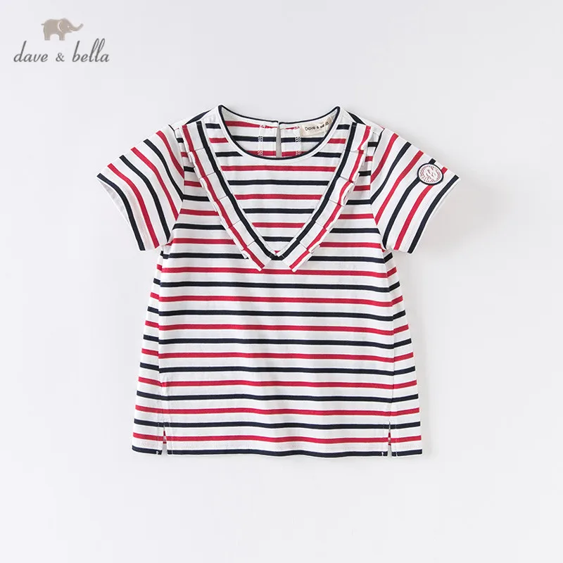 DKH13292 dave bella summer 5Y-13Y kids clothes children fashion striped letter ruched T-shirt girls high quality tees | Детская одежда