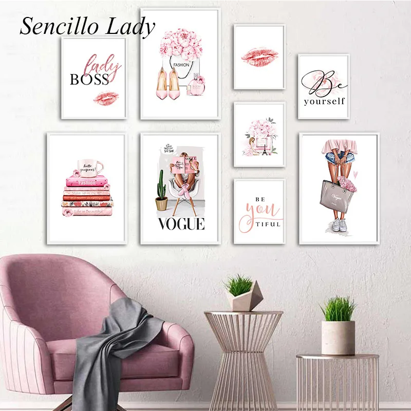 

Fashion Girl Wall Art Canvas Painting Perfume Book Lips Makeup Poster Pink Floral Print Picture Beauty Room Salon Decor