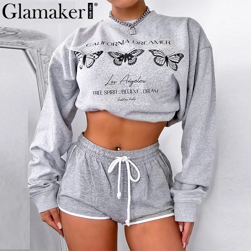 Женский комплект из 2 предметов Glamaker повседневный укороченный топ с бабочками и