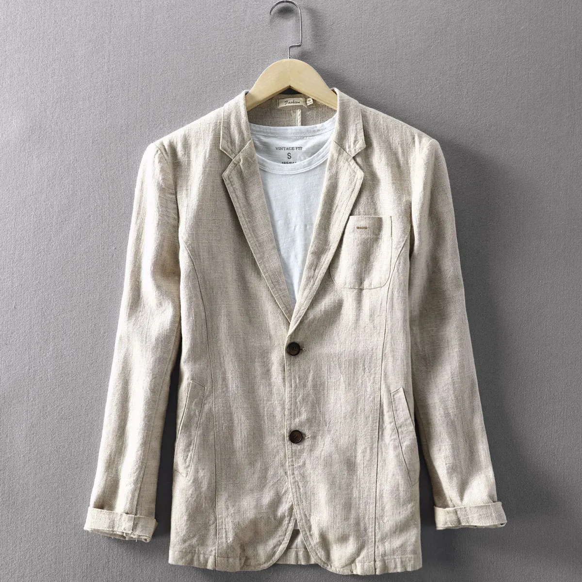 Мужской приталенный льняной хлопковый Блейзер черный хаки повседневный костюм с