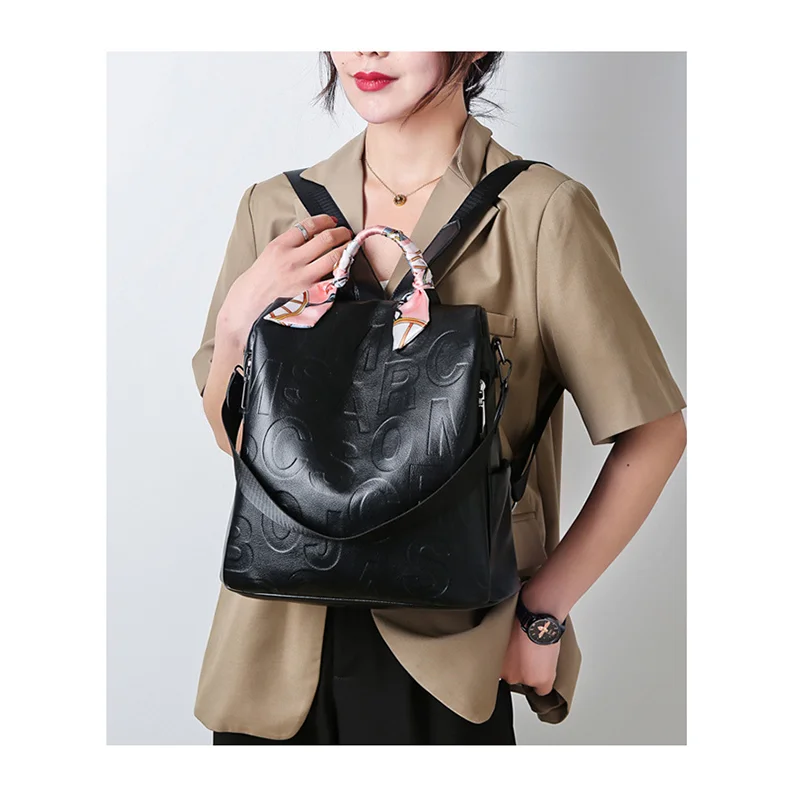 

2021 New Trend Fashion Letter Embossed Bag for Women Large Capacity Vintage Female PU Backpack with Flower Silk Ribbon