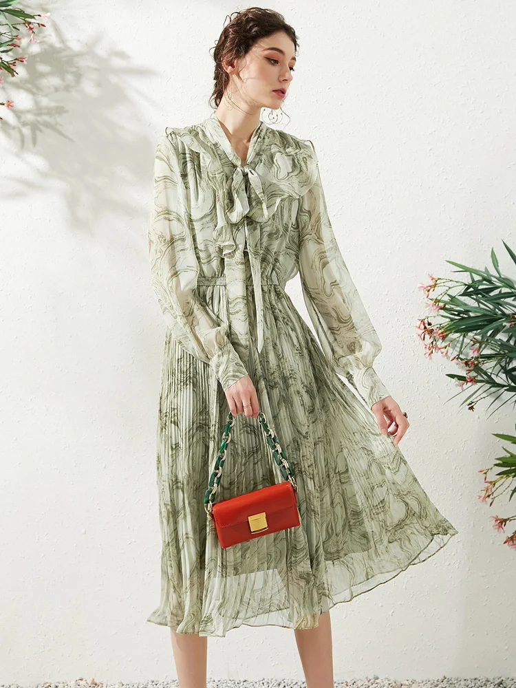 Vintage Elegant Chiffon Midi Dress Women Clothes 2020 Spring Party Long Sleeve Ladies Dresses Pleated Vestidos | Женская одежда