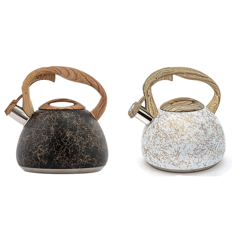 

Whistling Stainless Steel Tea Kettle with Wood Grain Anti Heat Handle, Wood Grain Cover Top Tea Pot, 2.8L