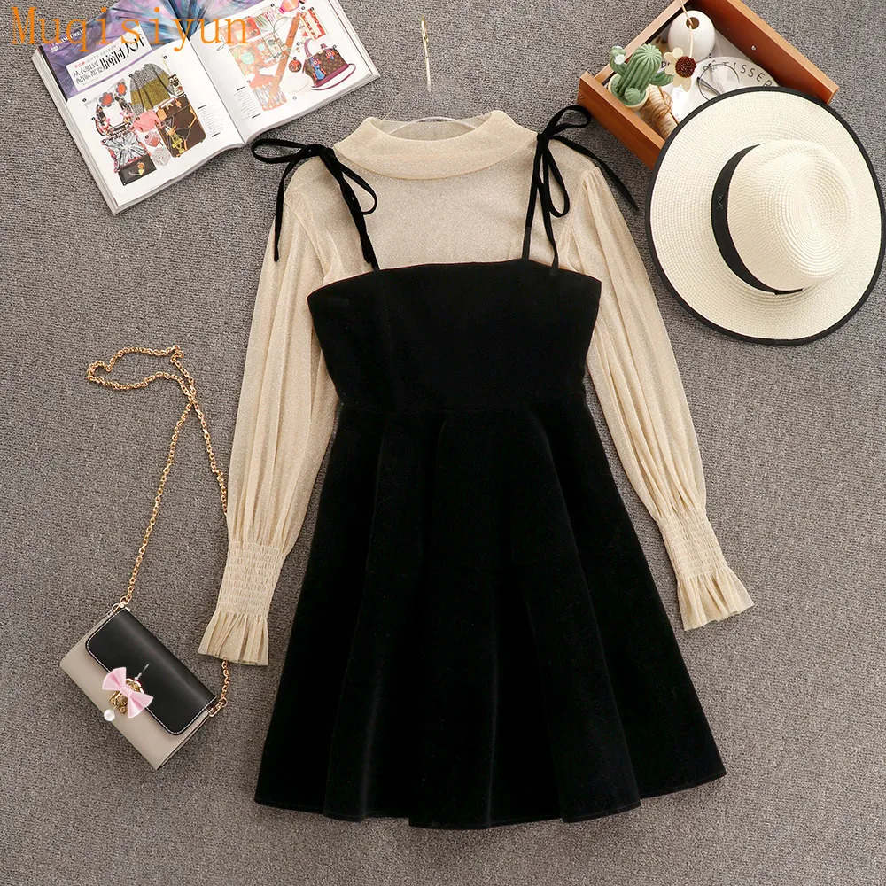 

2021 New Hit Spring Autumn Elegant Women Transparent Lantern Long Sleeves Tops+ Dress Set 2pcs Suit Party