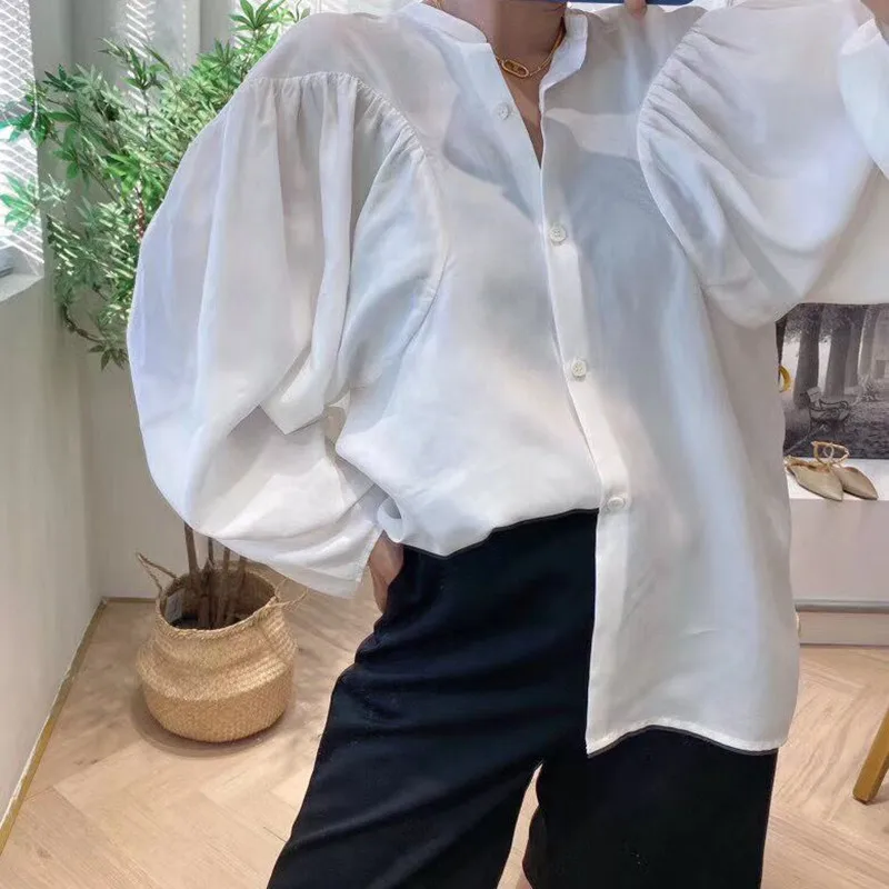 

Women OL Pleated Shirt Long Puff Sleeve Patchwork Lady Office Blouse Single-Breasted Shirts TopWhite Black 2020 New