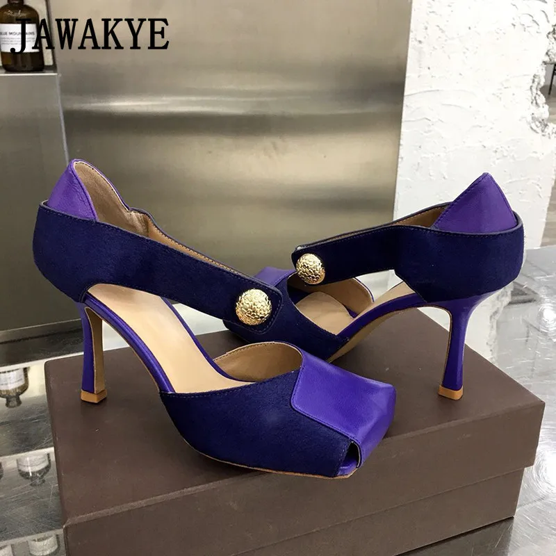 purple buckle Кожаные сандалии-гладиаторы из конского волоса; женская обувь на высоком каблуке с квадратным носком; женские пикантные вечерние туфли с металлической пряжкой спереди - Цвет: purple buckle
