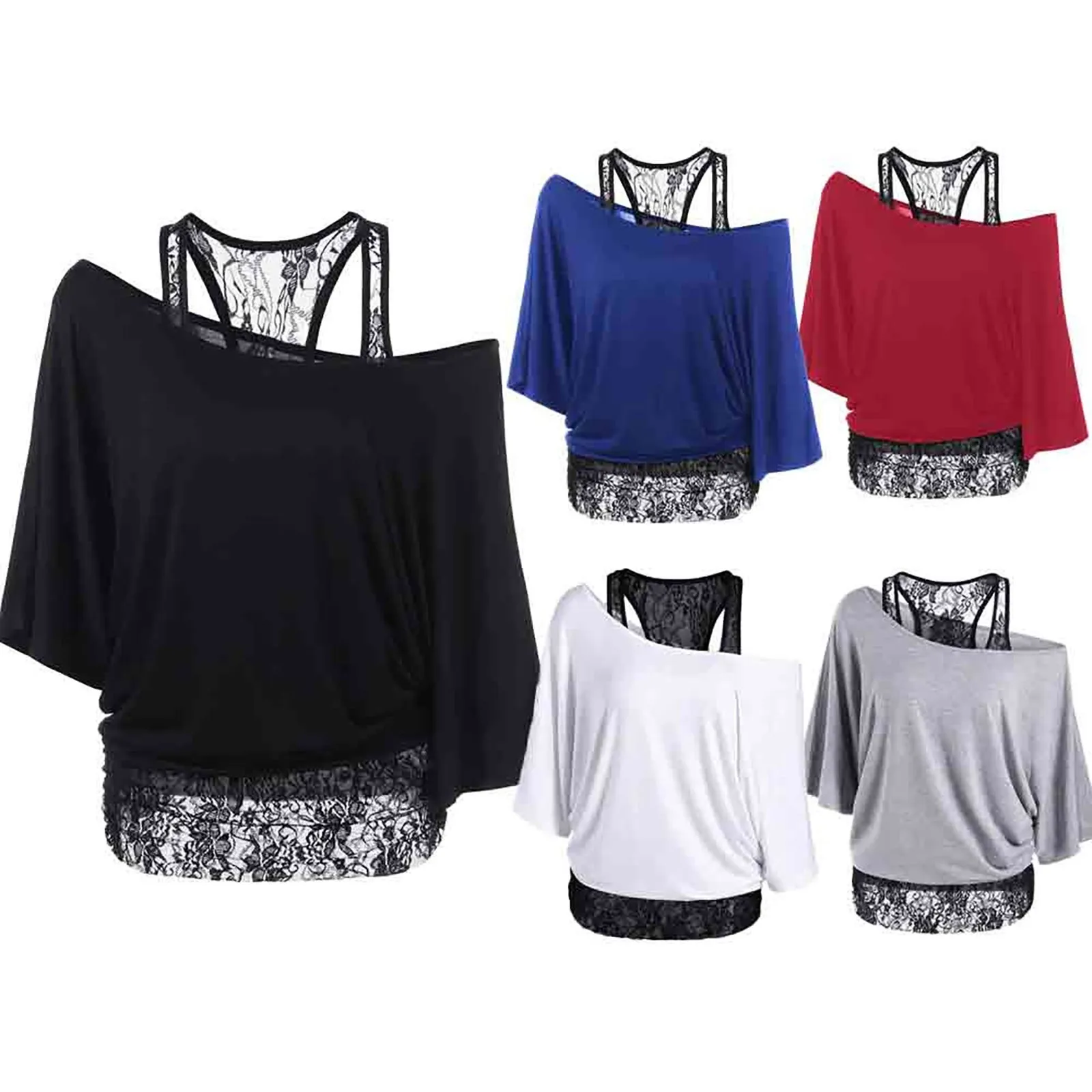 

Lace Panel Off-shoulder Top Women Plus Size Lace Loose Casual Long Sleeve Tops Blouse Shirt #011