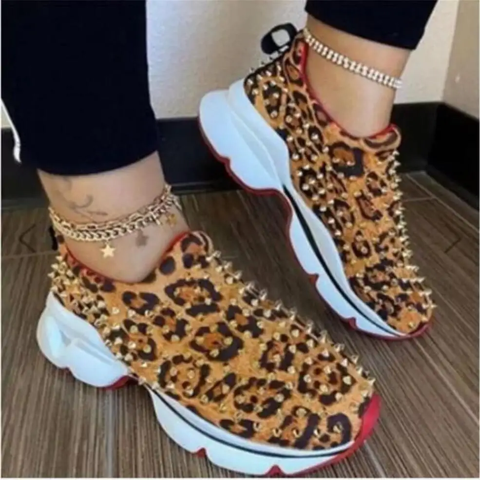 Koovan Women's Sneakers 2020 New Riveting Casual Shoes Popular Large Size Women's Shoes Leopard Foot Flat Shoes Girls