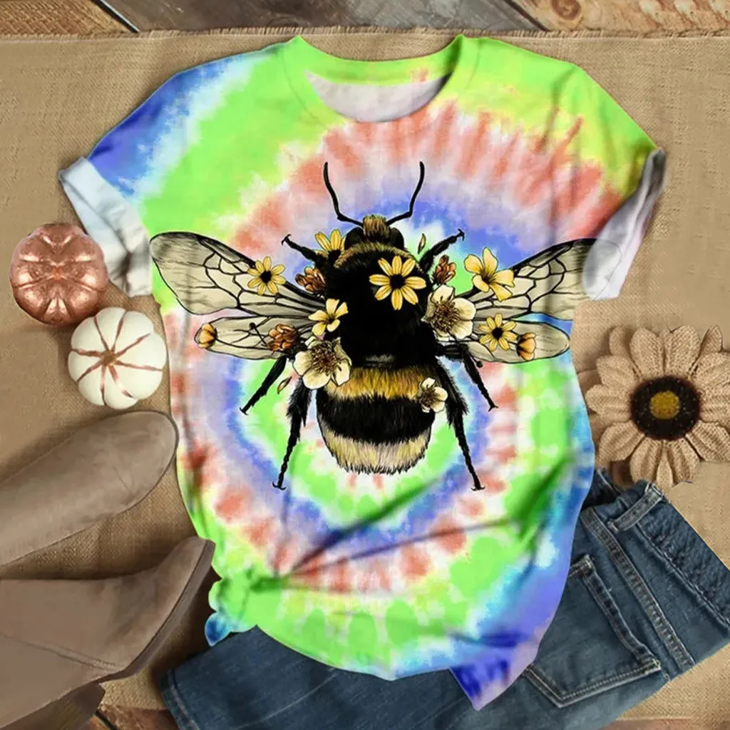 Футболка с принтом CHAMSGEND Tie-dye Bee женские летние топы короткими рукавами футболки