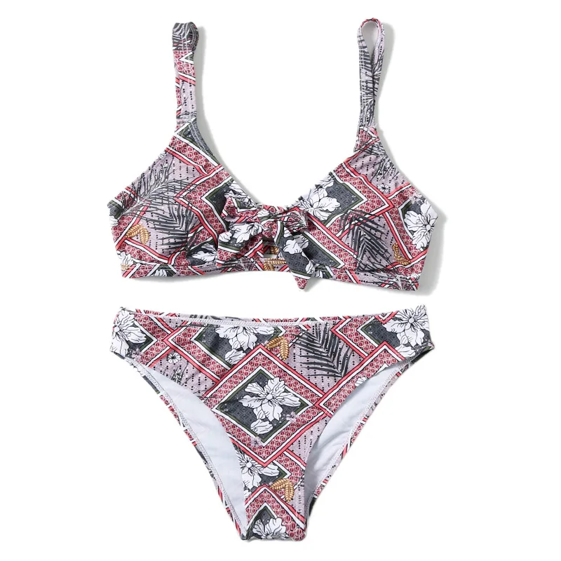 2020 бикини с бантом и цветочным принтом женские купальники высокими штанинами