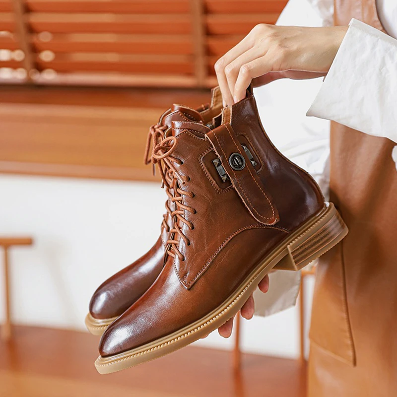 

Ботильоны женские из натуральной кожи, на низком каблуке, с круглым носком, на молнии, коричневые, в стиле ретро, размеры 34-39, для осени и зимы