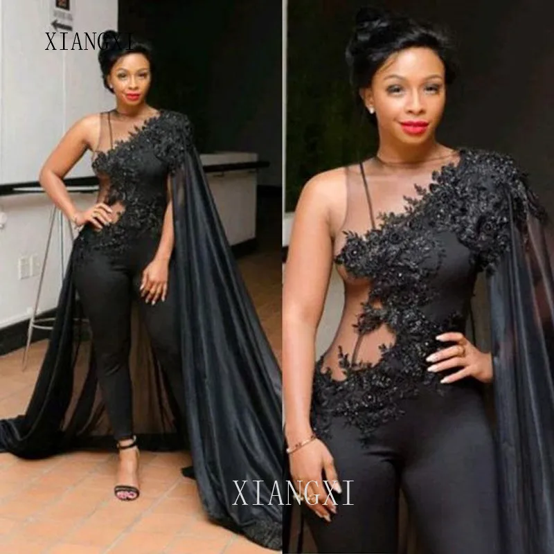 

2020Black Mermaid Evening Dresses One-Shoulder Jacket Sexy Long Evening Dress Formal Gowns Floor Length Party Dress Vestidos