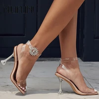niufuni transparent crystal high heels plus size 35 42 square toe rhinestone womens sandals buckle flower clear shoes for women