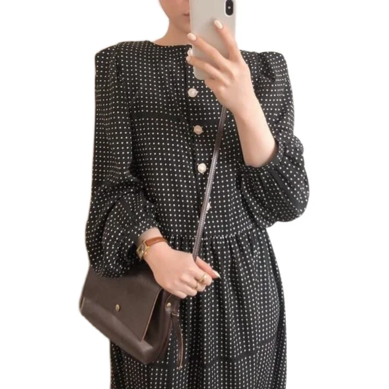 

COIGARSAM Office Lady Full Sleeve Women dress Winter Polka Dot Chiffon O-Neck High Waist Pearl Dresses Black 0196