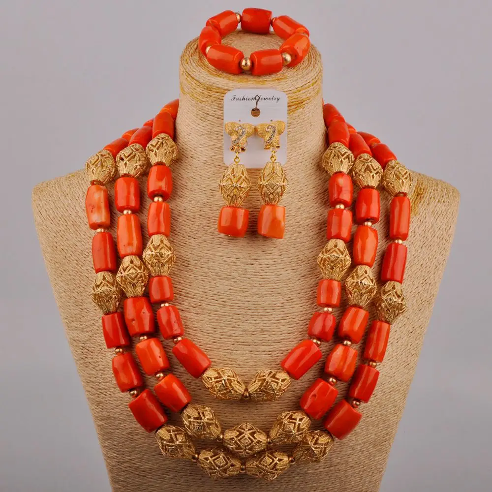 

Fashion Jewelry Africa Banquet Dress Accessories Orange Natural Coral Necklace Nigerian Bride Wedding Jewelry Set AU-656