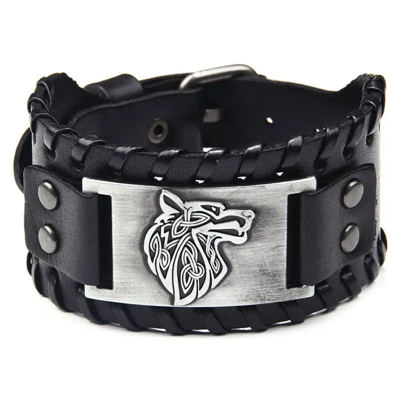 

Vintage religion bracelet viking Wolf bracelet men wide genuine leather Strap bracelets bangles totem jewelry Accessories