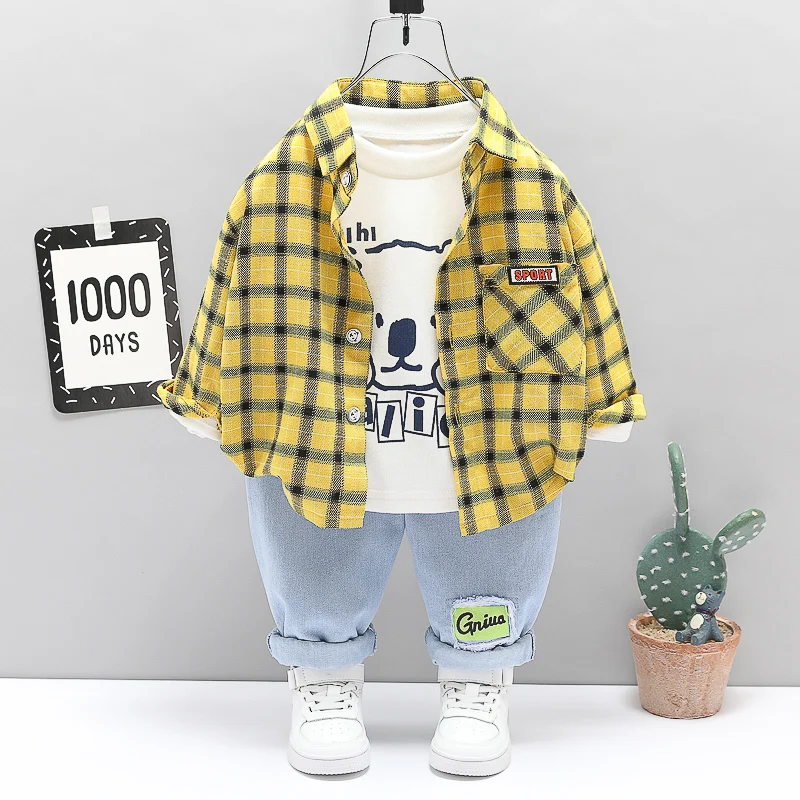 

2021 Autumn Outfits Baby Boys Clothes Sets Cute Infant Cotton Suits Plaid Shirt Jacket T Shirt Pants 3pcs Boys Kids Clothing