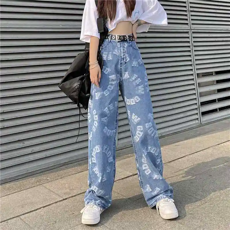 

Retro Washed Jeans Women's High Street Trend Printing Light-Colored Jeans Harajuku Style Casual Commuter Trousers Men's Pants