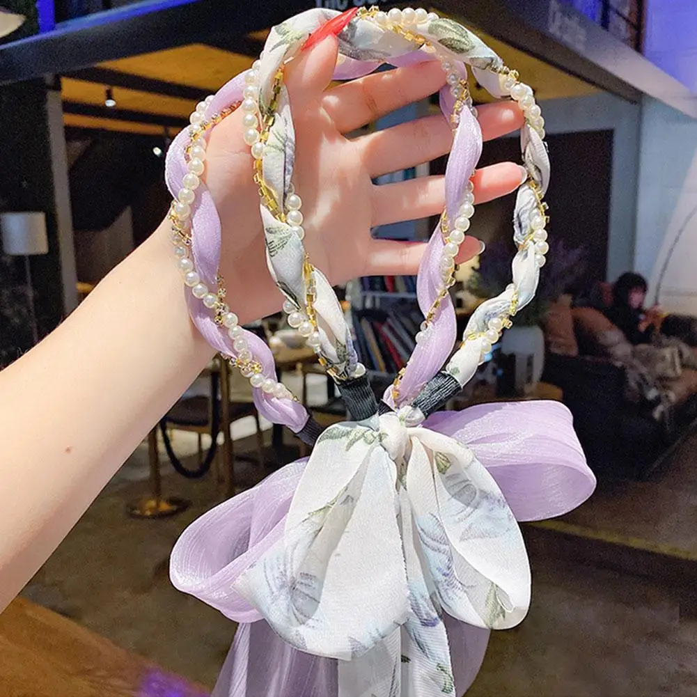 

Floral Printed Hair Band Pearl Yarn Hair Band Hair Hoop Streamer Headband Temperament Hair Band For Women Hair Accessories