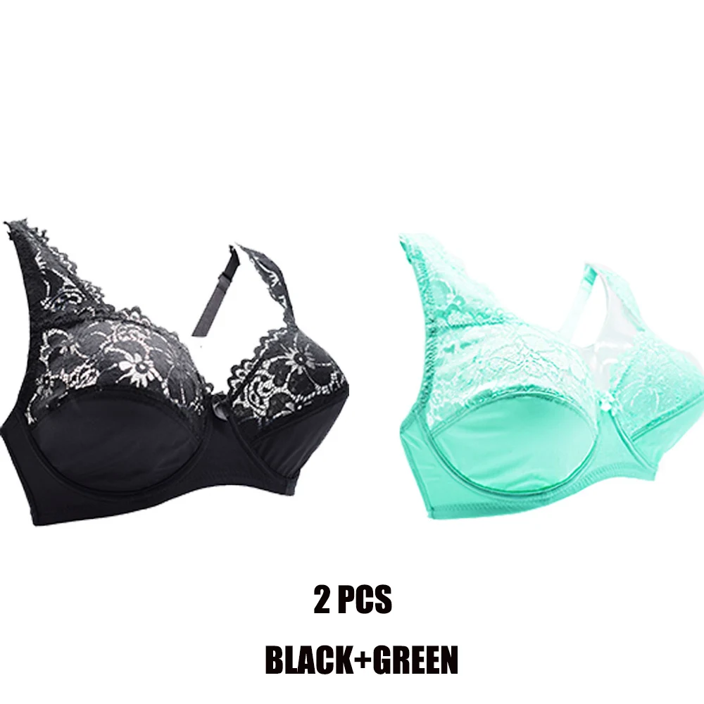 Green Black Комплект из 2 предметов, женские сексуальные кружевные бюстгальтеры, без подкладки, перспективный бюстгальтер, большие размеры, Бюстгальтеры на косточках с вышивкой, бюстгальтеры, женское нижнее белье - Color: Green Black
