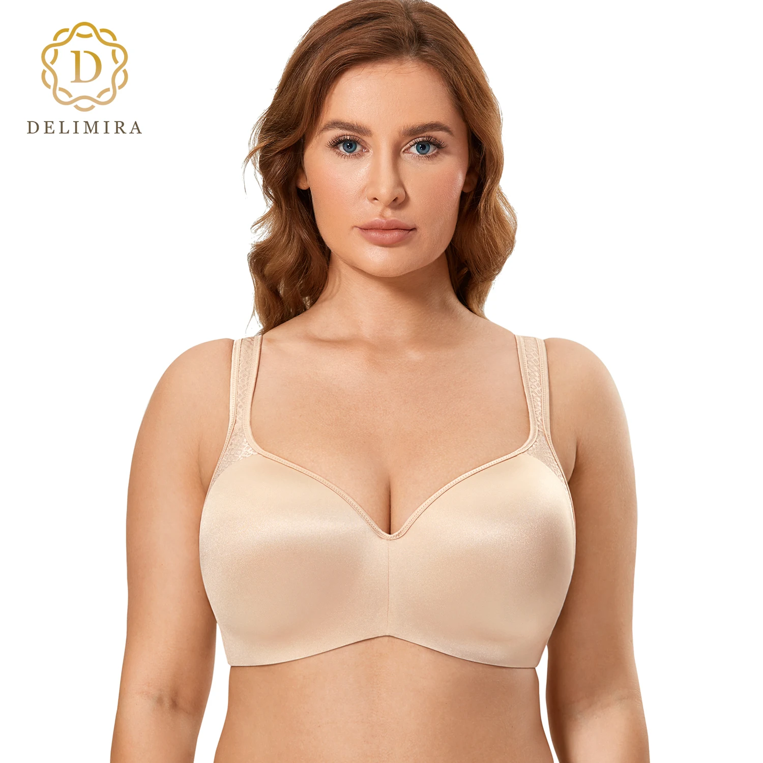 Delimira Women's Jacquard Balconette Bra Plus Size Seamless Smooth Push Up Underwire Lightly Padded Contour Full Coverage