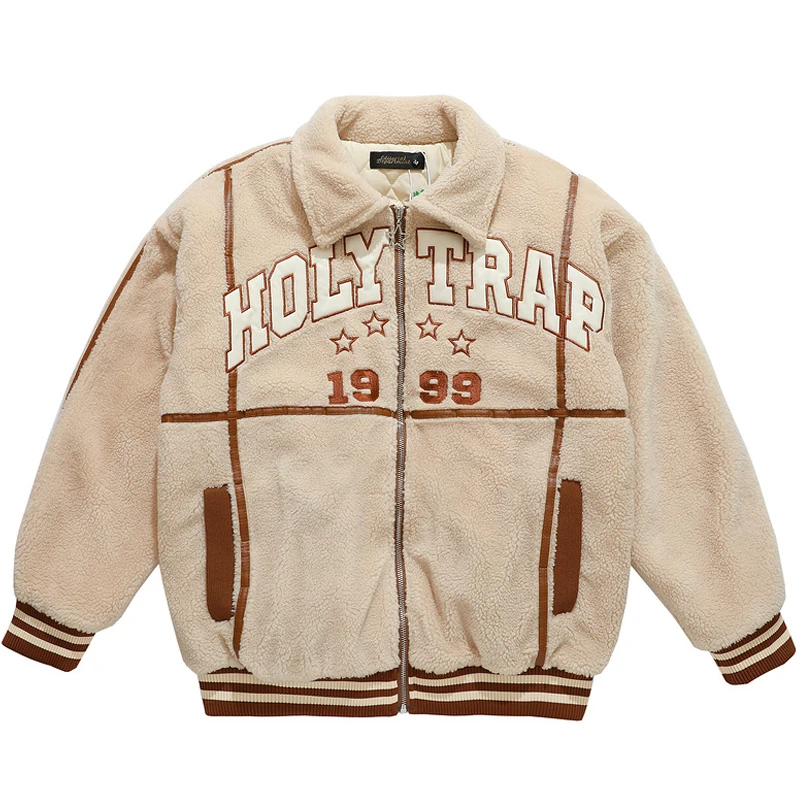 

Unisex Harajuku Vintage Patchwork Lamb Wool Jacket Outwear Men Oversize Retro Thicken Warm Fleece Pockets PU Letter Jackets Tops