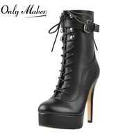 onlymaker lace up platform ankle boots matte black soft pu leather stiletto high heels shoes side zipper concise for women