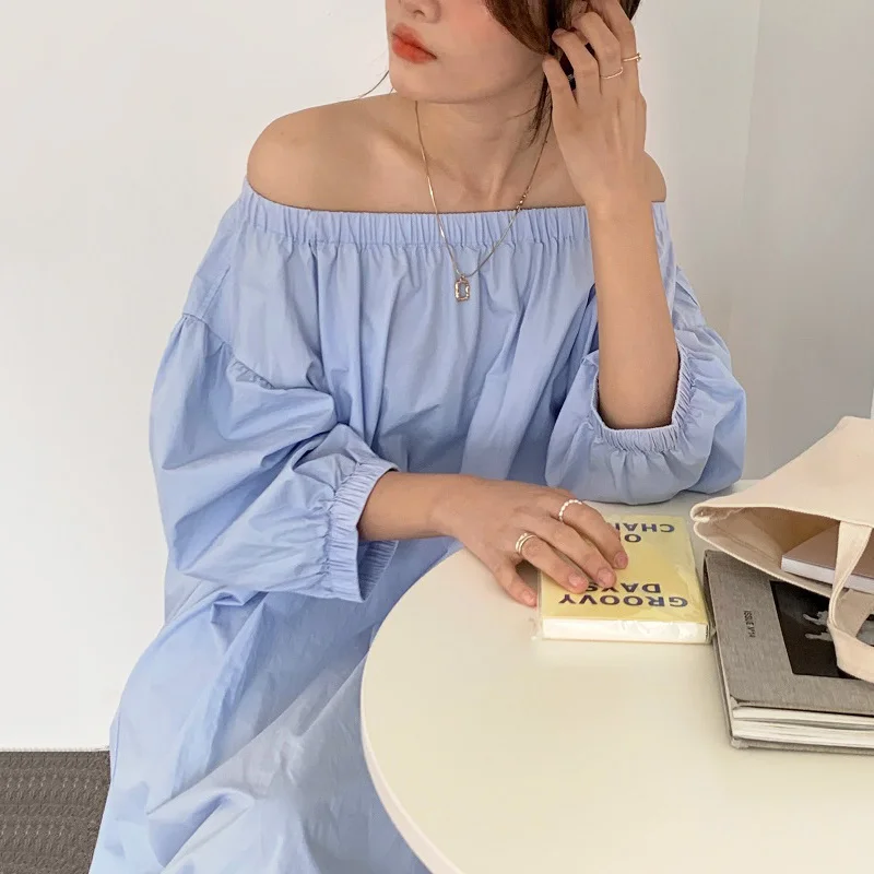 Женское платье с открытыми плечами Длинное свободное в Корейском стиле и рукавом