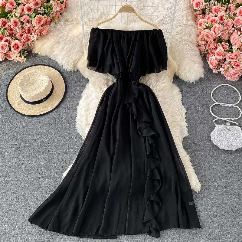 

Women Beach Off-shoulder Sexy Dress Summer Slash Neck Ruffled Chiffon Dress Ladies Short Sleeve Boho Long Robe Vestidos Mujer