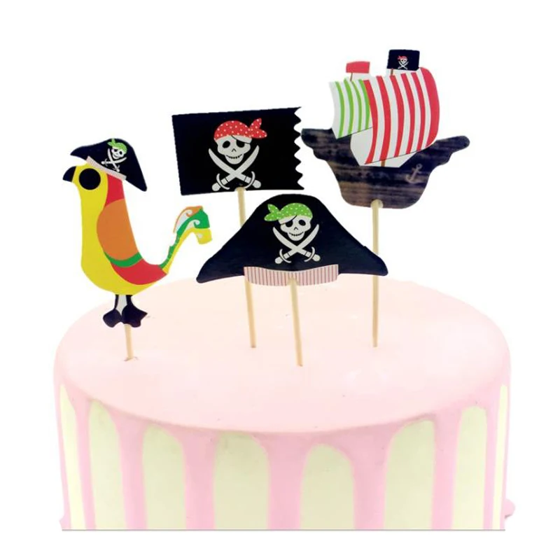 

Pirate Theme Happy Birthday Party Boys Kids Favors Cake Picks Decoration Cupcake Toppers Baby Shower Supplies 24pcs/lot