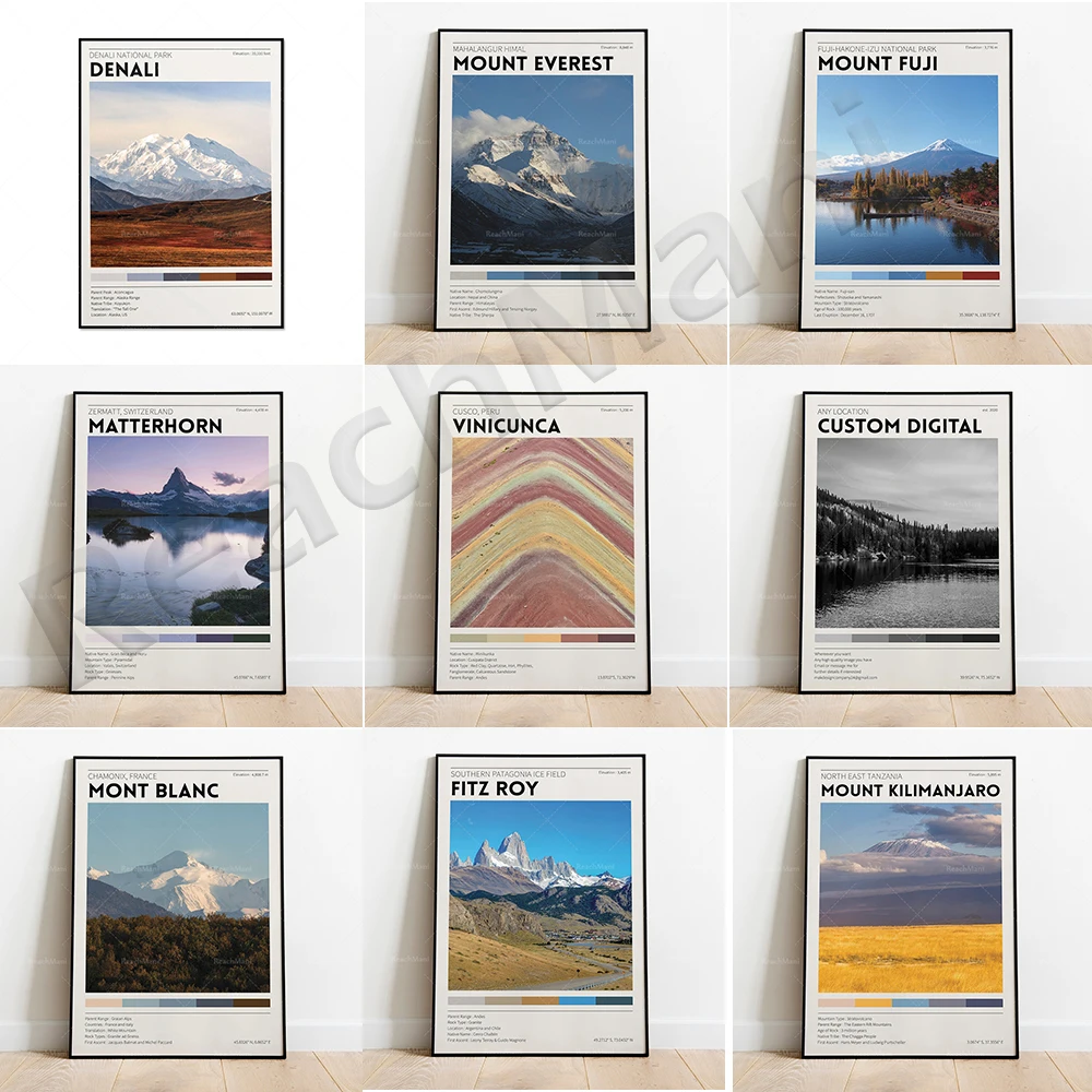 

Aoraki Mount Cook, Mont Blanc/Chamonix, Kilimanjaro, Matterhorn, Mount Everest, New Zealand National Park travel poster