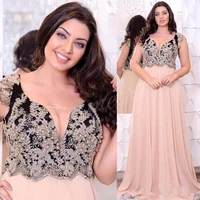 champagne lace appliques plus size evening dresses deep v neck beaded a line prom gowns cheap floor length chiffon formal dress